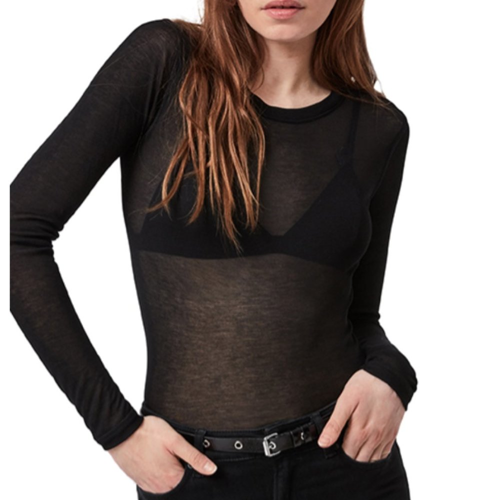 AllSaints Francesco Ramskull Black Long Sleeve Sheer T-Shirt M